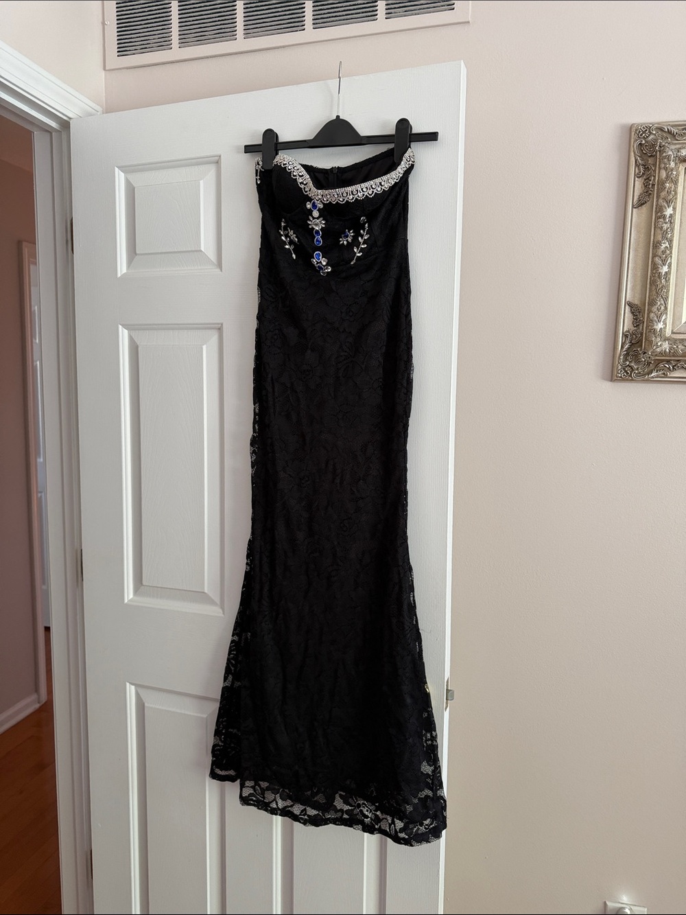 Black Lace Strapless Evening Gown with Beaded Accents